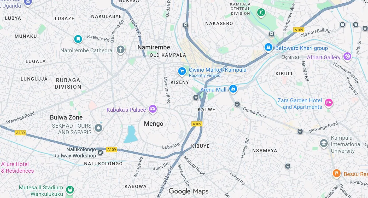 Real Google Maps of Kampala showing Dlow coverage area